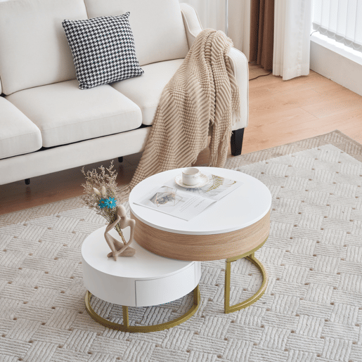 Conjunto de 2 mesas de encaixe - com 2 gavetas - em MDF - Natural e Branco - Conjunto de 2 mesas de encaixe - com 2 gavetas - em MDF - Natural e Branco