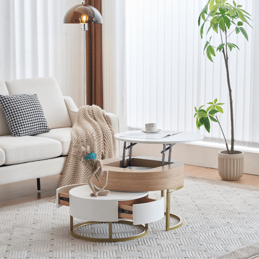 Conjunto de 2 mesas de encaixe - com 2 gavetas - em MDF - Natural e Branco - Conjunto de 2 mesas de encaixe - com 2 gavetas - em MDF - Natural e Branco