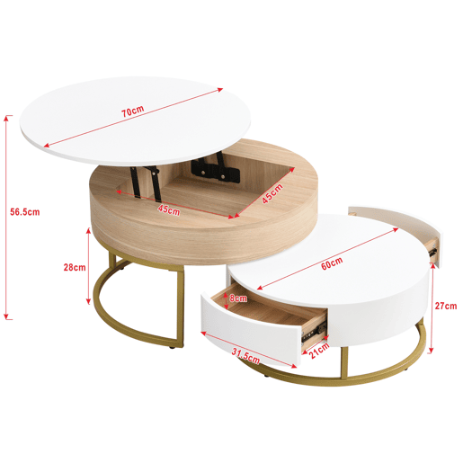 Conjunto de 2 mesas de encaixe - com 2 gavetas - em MDF - Natural e Branco - Conjunto de 2 mesas de encaixe - com 2 gavetas - em MDF - Natural e Branco