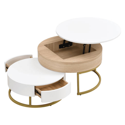 Conjunto de 2 mesas de encaixe - com 2 gavetas - em MDF - Natural e Branco - Conjunto de 2 mesas de encaixe - com 2 gavetas - em MDF - Natural e Branco