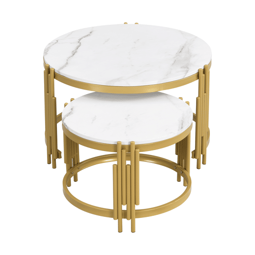 Conjunto de 2 mesas de centro - efeito mármore - estrutura metálica - Branco e dourado