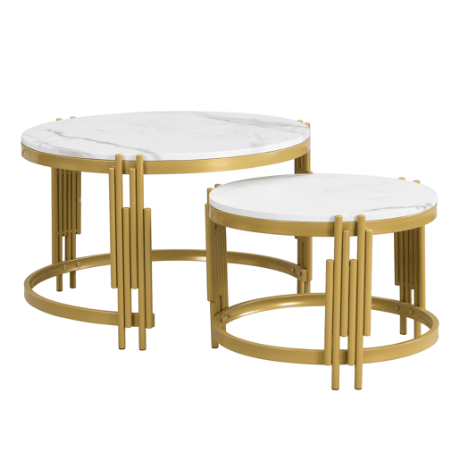 Conjunto de 2 mesas de centro - efeito mármore - estrutura metálica - Branco e dourado