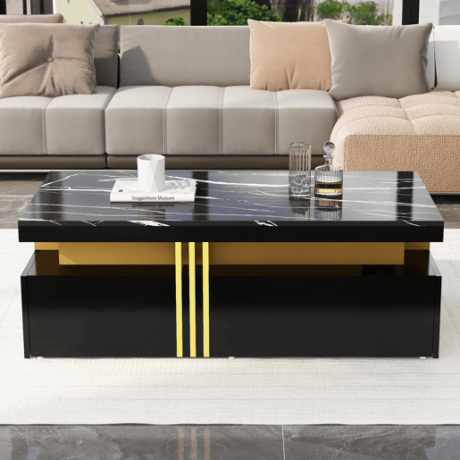 Mesa de centro com 2 gavetas - tampo com padrão de mármore - estilo escandinavo - Preto