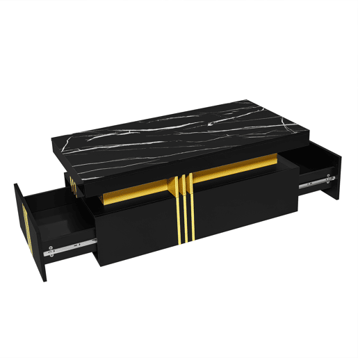 Mesa de centro com 2 gavetas - tampo com padrão de mármore - estilo escandinavo - Preto