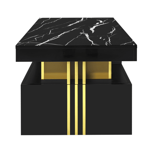 Mesa de centro com 2 gavetas - tampo com padrão de mármore - estilo escandinavo - Preto