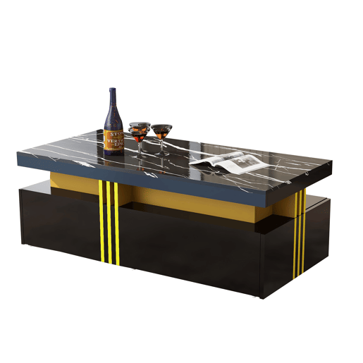 Mesa de centro com 2 gavetas - tampo com padrão de mármore - estilo escandinavo - Preto