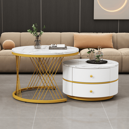 Conjunto de 2 mesas de apoio - 2 gavetas - tampo com design em mármore - Branco e dourado Conjunto de 2 mesas de apoio - 2 gavetas - tampo com design em mármore - Branco e dourado