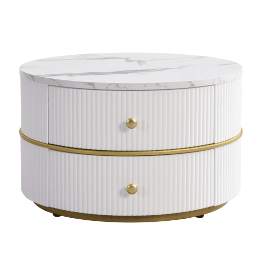 Conjunto de 2 mesas de apoio - 2 gavetas - tampo com design em mármore - Branco e dourado Conjunto de 2 mesas de apoio - 2 gavetas - tampo com design em mármore - Branco e dourado