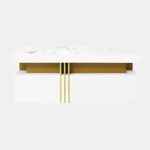 Mesa de centro com 2 gavetas - tampo com padrão de mármore - estilo escandinavo - Branco