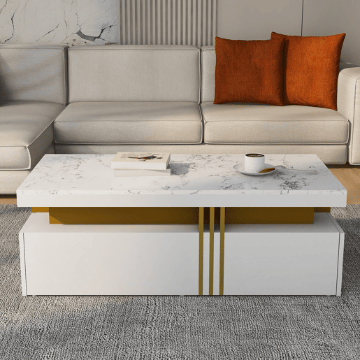 Mesa de centro com 2 gavetas - tampo com padrão de mármore - estilo escandinavo - Branco