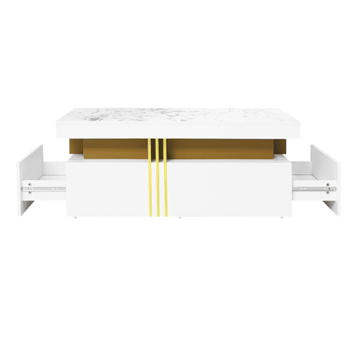Mesa de centro com 2 gavetas - tampo com padrão de mármore - estilo escandinavo - Branco