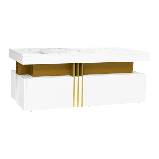 Mesa de centro com 2 gavetas - tampo com padrão de mármore - estilo escandinavo - Branco