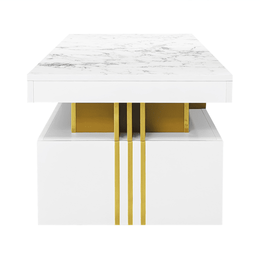 Mesa de centro com 2 gavetas - tampo com padrão de mármore - estilo escandinavo - Branco