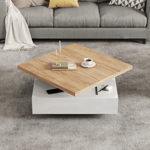 Mesa de centro quadrada com rotação de 360° - 70x70x36 cm - com 1 gaveta - Branco e Natural Mesa de centro quadrada com rotação de 360° - 70x70x36 cm - com 1 gaveta - Branco e Natural