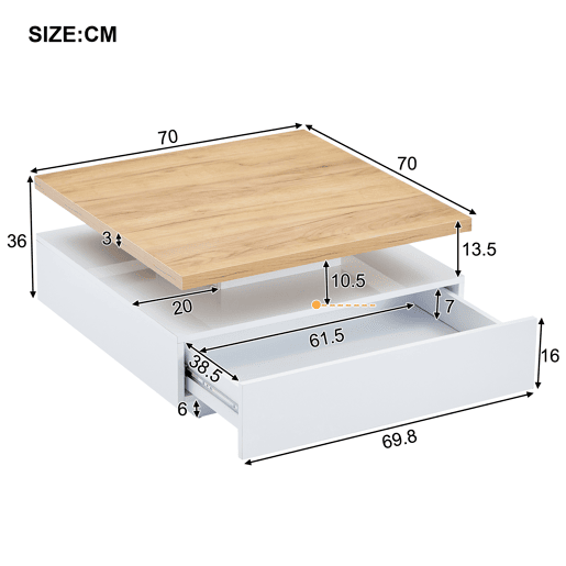 Mesa de centro quadrada com rotação de 360° - 70x70x36 cm - com 1 gaveta - Branco e Natural Mesa de centro quadrada com rotação de 360° - 70x70x36 cm - com 1 gaveta - Branco e Natural