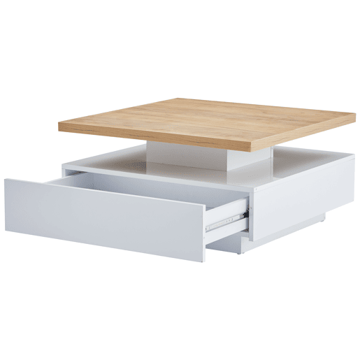 Mesa de centro quadrada com rotação de 360° - 70x70x36 cm - com 1 gaveta - Branco e Natural Mesa de centro quadrada com rotação de 360° - 70x70x36 cm - com 1 gaveta - Branco e Natural