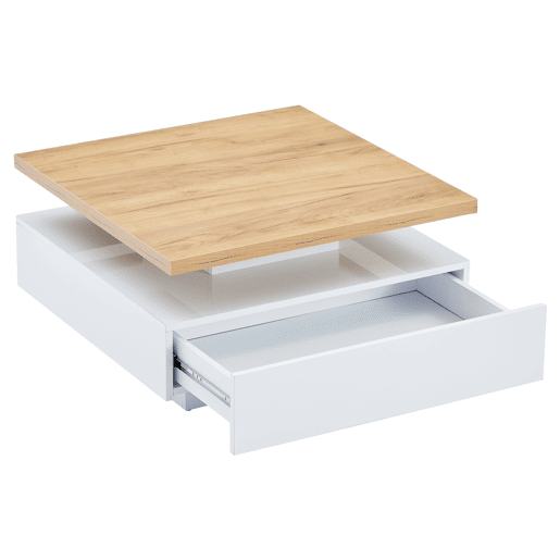 Mesa de centro quadrada com rotação de 360° - 70x70x36 cm - com 1 gaveta - Branco e Natural Mesa de centro quadrada com rotação de 360° - 70x70x36 cm - com 1 gaveta - Branco e Natural