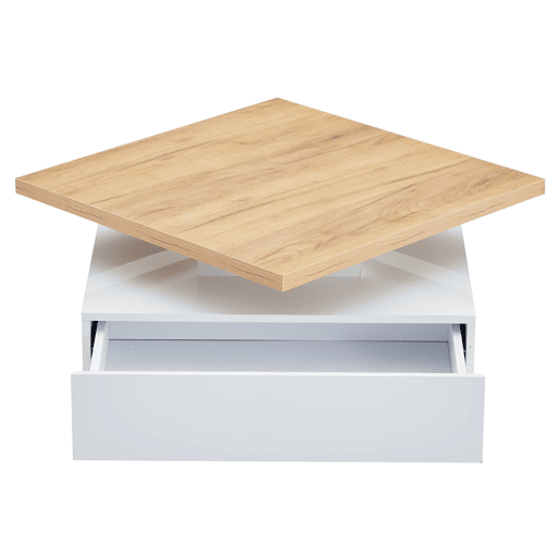 Mesa de centro quadrada com rotação de 360° - 70x70x36 cm - com 1 gaveta - Branco e Natural Mesa de centro quadrada com rotação de 360° - 70x70x36 cm - com 1 gaveta - Branco e Natural