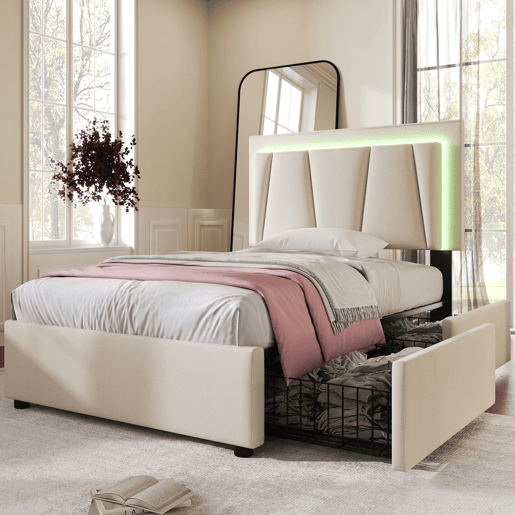 Cama estofada 90x200cm em linho - com 2 gavetas + LED + estrado - Bege