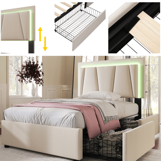 Cama estofada 90x200cm em linho - com 2 gavetas + LED + estrado - Bege