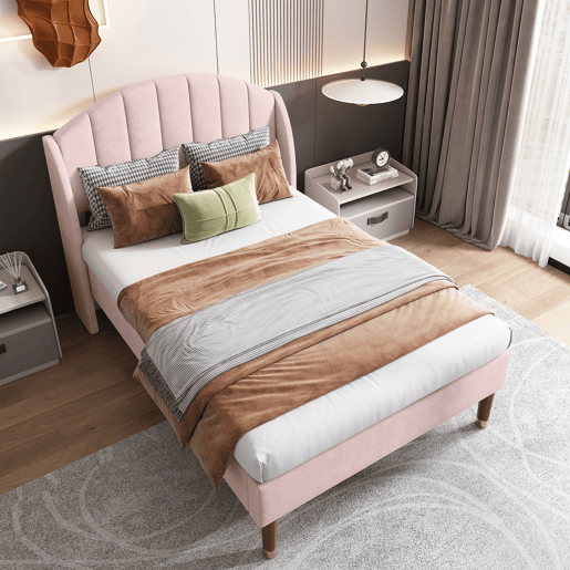 Cama estofada em veludo com estrado de ripas 90x200 cm - Rosa