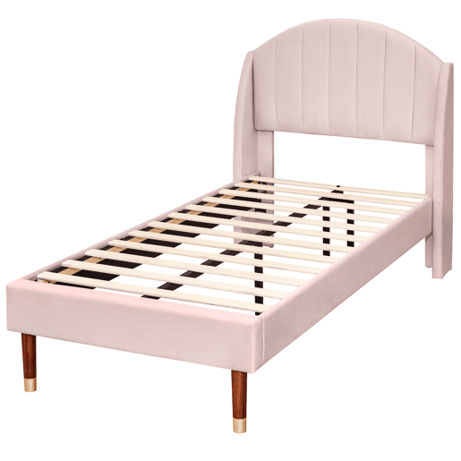 Cama estofada em veludo com estrado de ripas 90x200 cm - Rosa