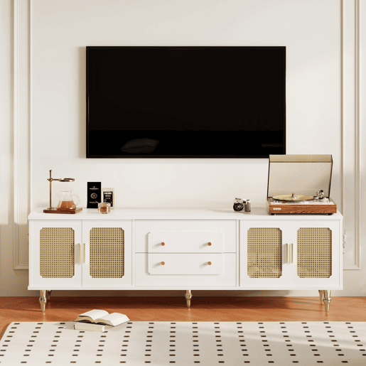 Móvel moderno para televisão - com portas de rotim e 2 gavetas - pés metálicos - Branco