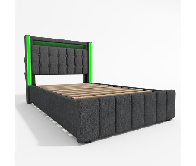 Cama con 2 cajones 90x200 cm tapizada en lino - con función de carga e iluminación led - gris