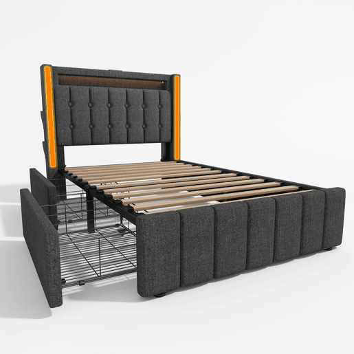 Cama estofada em linho com 2 gavetas 90x200 cm - com função de carregamento e iluminação LED - Cinzento