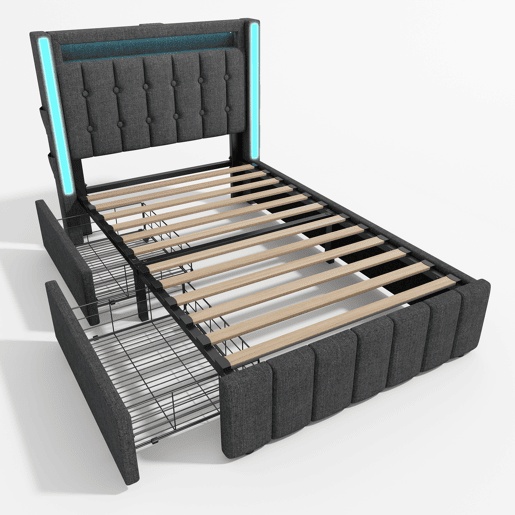 Cama estofada em linho com 2 gavetas 90x200 cm - com função de carregamento e iluminação LED - Cinzento