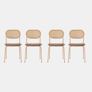 Conjunto de 4 cadeiras em pele sintética e rotim - pernas em metal - Castanho
