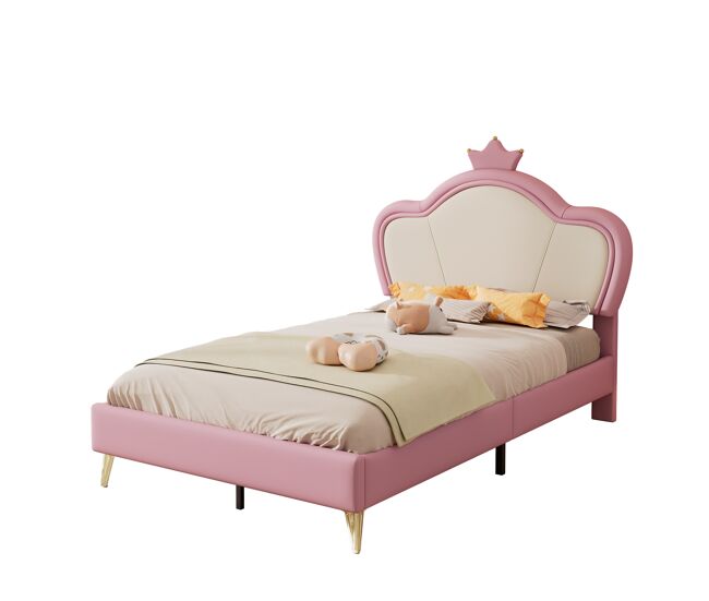 cama juvenil,cama individual de poliuretano 90x200cm con cabecero con corona,rosa