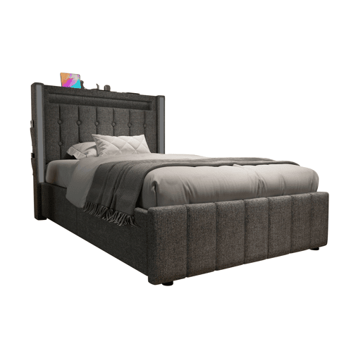 Lit com 2 gavetas 90x200cm estofado em linho - com função de carga e iluminação LED - Cinzento