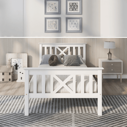 Cama de madeira maciça com estrado de ripas - 90x200cm - Branco