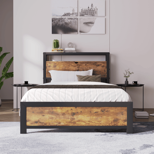 Cama para adultos 90x200 cm com espaço de arrumação - estrutura metálica - Castanho