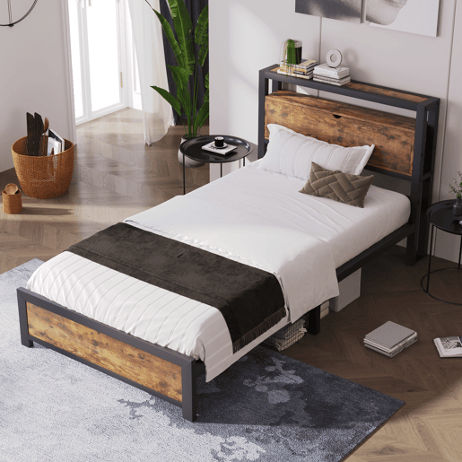 Cama para adultos 90x200 cm com espaço de arrumação - estrutura metálica - Castanho