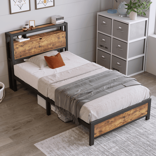 Cama para adultos 90x200 cm com espaço de arrumação - estrutura metálica - Castanho