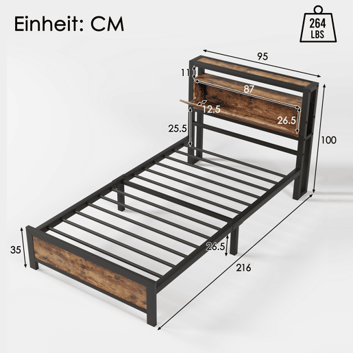 Cama para adultos 90x200 cm com espaço de arrumação - estrutura metálica - Castanho