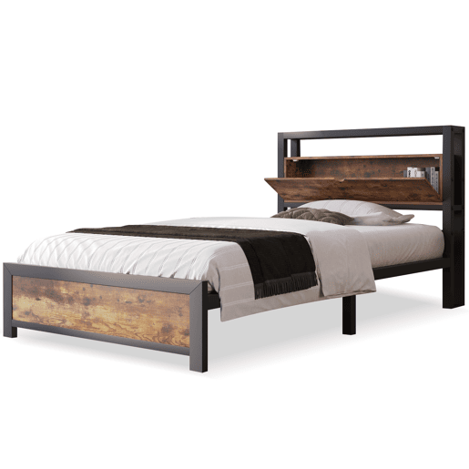 Cama para adultos 90x200 cm com espaço de arrumação - estrutura metálica - Castanho