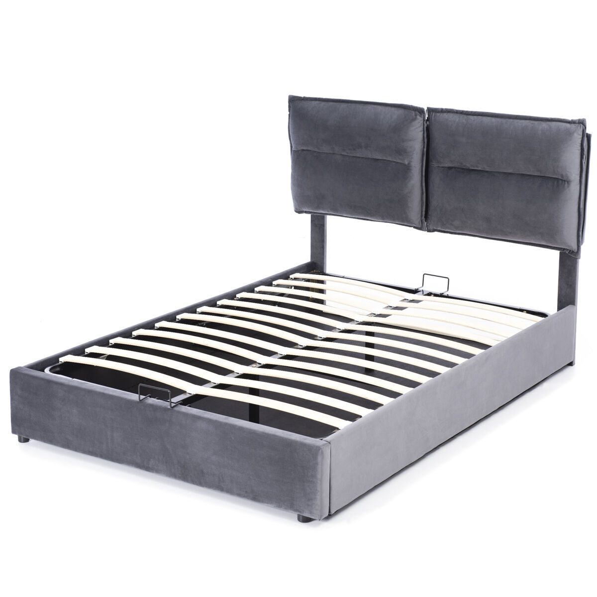 Cama contenedor acolchada de terciopelo 140x200 cm con cabecero ajustable y somier de láminas - gris
