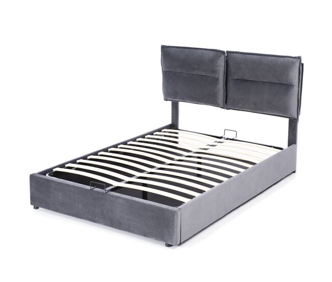 Cama contenedor acolchada de terciopelo 140x200 cm con cabecero ajustable y somier de láminas - gris