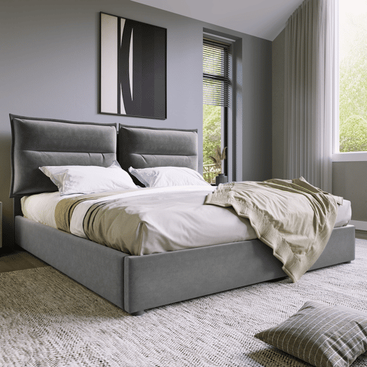 Cama de contentor estofada em veludo 140x200 cm com cabeceira regulável e estrado de ripas - Cinzento