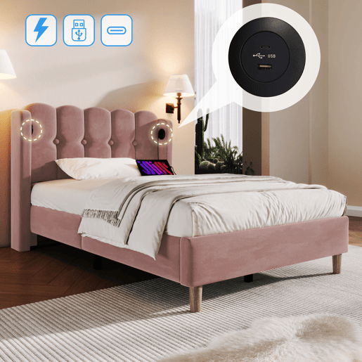 Cama estofada em veludo 90x200cm - com portas de carga e estrado de molas - Rosa
