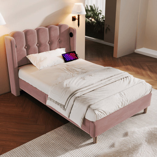 Cama estofada em veludo 90x200cm - com portas de carga e estrado de molas - Rosa