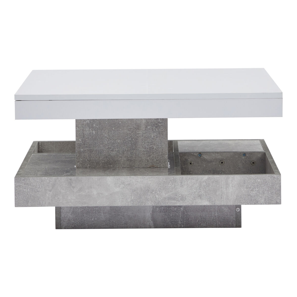 mesa de centro con almacenamiento 70x70x36 cm - tapa brillante giratoria 360 - blanco y gris