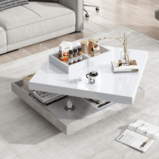 Mesa de centro com arrumação 70x70x36 cm - Tampo brilhante rotativo 360° - Branco e cinzento