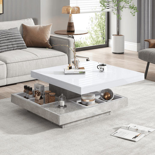 Mesa de centro com arrumação 70x70x36 cm - Tampo brilhante rotativo 360° - Branco e cinzento