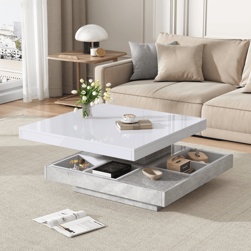 Mesa de centro com arrumação 70x70x36 cm - Tampo brilhante rotativo 360° - Branco e cinzento