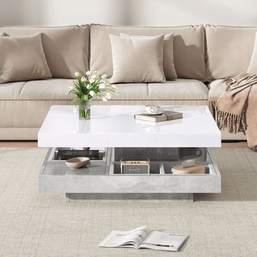 Mesa de centro com arrumação 70x70x36 cm - Tampo brilhante rotativo 360° - Branco e cinzento