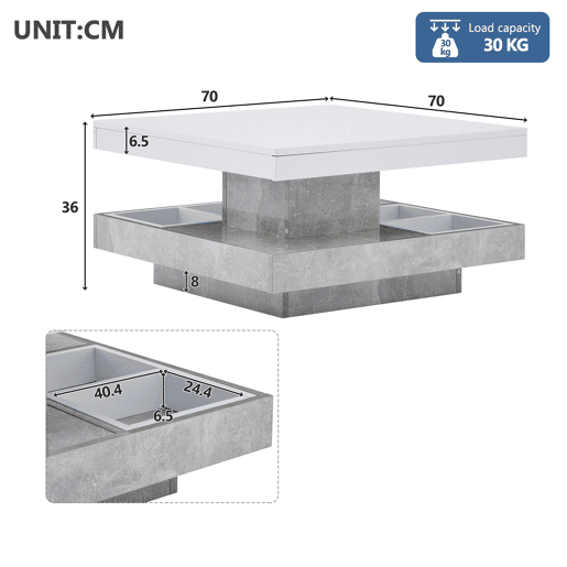 Mesa de centro com arrumação 70x70x36 cm - Tampo brilhante rotativo 360° - Branco e cinzento